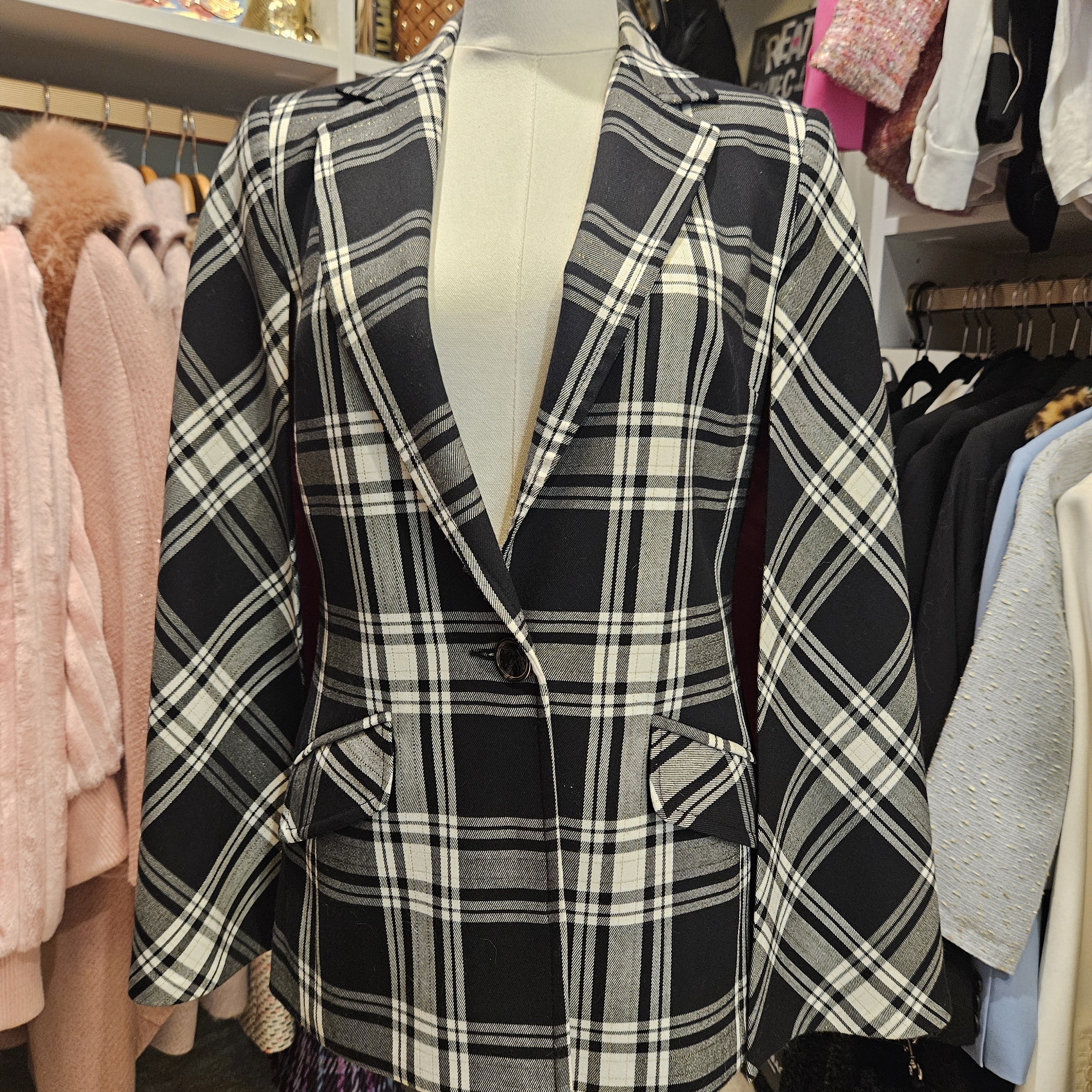 Trina Turk Black And White Plaid Blazer